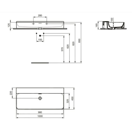Ideal Standard Conca Ceram - Lavabo 1000x450 mm, avec trop-plein, sans trou pour robinet, blanc T379901