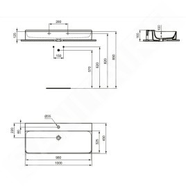 Ideal Standard Conca Ceram - Lavabo 1000x450 mm, sans trop-plein, trou pour robinet, blanc T380001