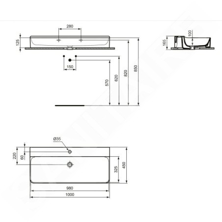 Ideal Standard Conca Ceram - Lavabo 1000x450 mm, sans trop-plein, trou pour robinet, blanc T380001