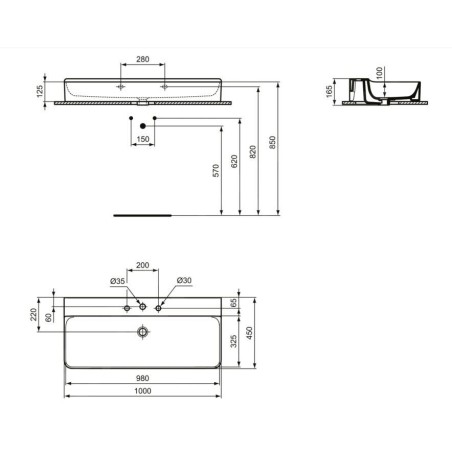 Ideal Standard Conca Ceram - Lavabo 1000x450 mm, sans trop-plein, 3 trous pour robinet, blanc T380101