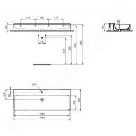Ideal Standard Conca Ceram - Lavabo 1200x450 mm, sans trop-plein, trou pour robinet, blanc T380601