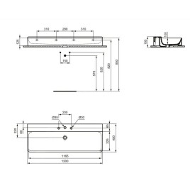Ideal Standard Conca Ceram - Lavabo 1200x450 mm, sans trop-plein, 3 trous pour robinet, blanc T380701