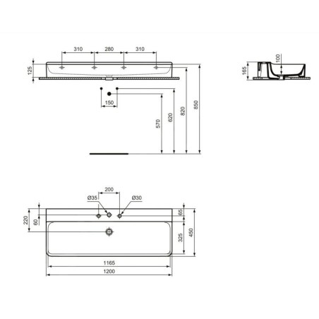 Ideal Standard Conca Ceram - Lavabo 1200x450 mm, sans trop-plein, 3 trous pour robinet, blanc T380701