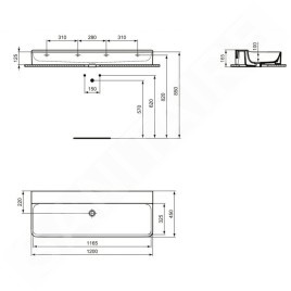 Ideal Standard Conca Ceram - Double-lavabo 1200x450 mm, sans trop-plein, sans trou pour robinet, blanc T380901