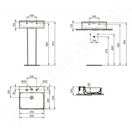 Ideal Standard Conca Ceram - Lavabo à poser 500x450 mm, avec trop-plein, 3 trous pour robinet, blanc T381301