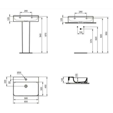 Ideal Standard Conca Ceram - Lavabo à poser 600x450 mm, sans trop-plein, trou pour robinet, blanc T382301