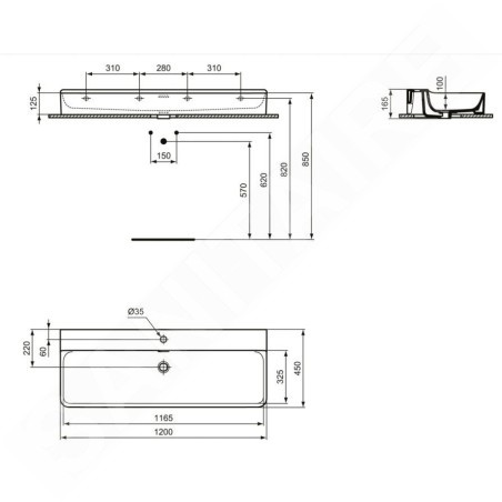 Ideal Standard Conca Ceram - Lavabo à poser 1200x450 mm, avec trop-plein, trou pour robinet, blanc T383801