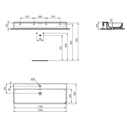 Ideal Standard Conca Ceram - Lavabo à poser 1200x450 mm, avec trop-plein, 3 trous pour robinet, blanc T384001
