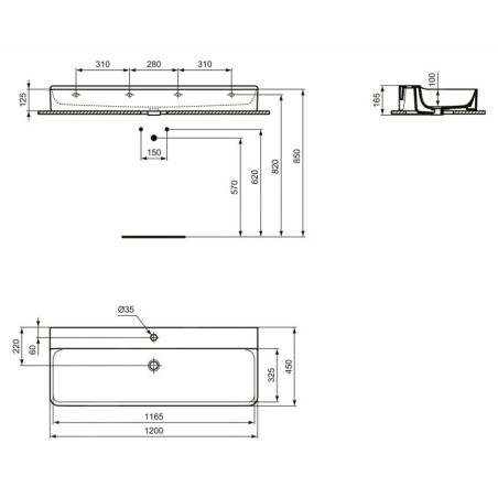 Ideal Standard Conca Ceram - Lavabo à poser 1200x450 mm, sans trop-plein, trou pour robinet, blanc T384201