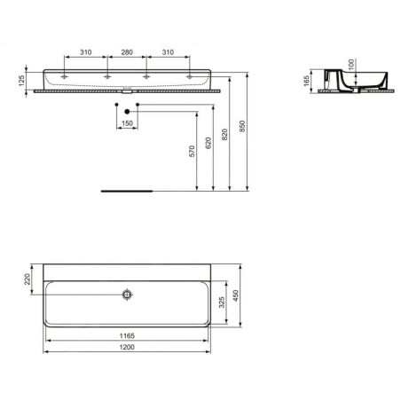 Ideal Standard Conca Ceram - Double-lavabo à poser 1200x450 mm, sans trop-plein, sans trou pour robinet, blanc T384501