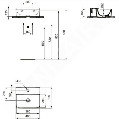 Ideal Standard Conca Ceram - Lave-main à poser 400x350 mm, sans trop-plein, trou pour robinet, blanc T387801