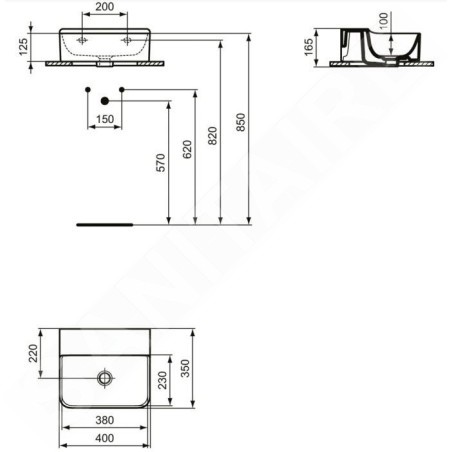 Ideal Standard Conca Ceram - Lave-main à poser 400x350 mm, sans trop-plein, sans trou pour robinet, blanc T387901