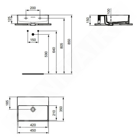 Ideal Standard Extra - Lave-main à poser 450x350 mm, avec trop-plein, sans trou pour robinet, blanc T391801