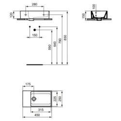 Ideal Standard Extra - Lave-main à poser 450x250 mm, avec trop-plein, sans trou pour robinet, blanc T392101