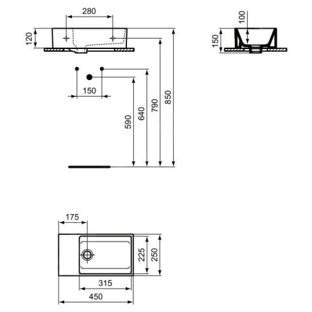 Ideal Standard Extra - Lave-main à poser 450x250 mm, avec trop-plein, sans trou pour robinet, blanc T392101