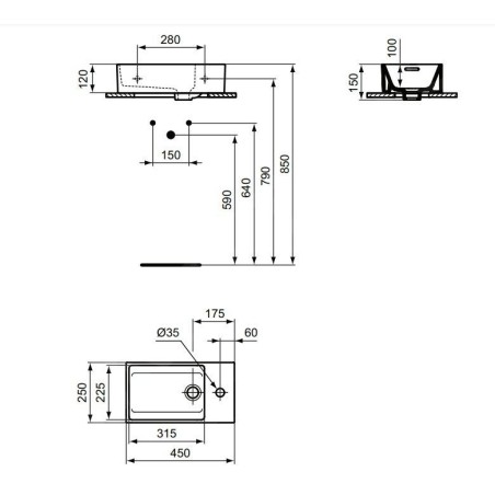 Ideal Standard Extra - Lave-main à poser 450x250 mm, avec trop-plein, trou pour robinet à droite, blanc T392301