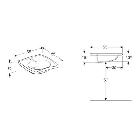 Geberit Vitalis - Lavabo adapté aux PMR, 550x550x150 mm, avec trop-plein, trou pour le robinet, blanc 501.542.01.1