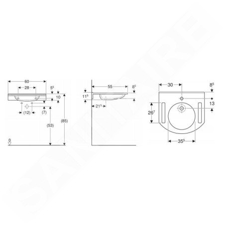 Geberit Publica - Lavabo adapté aux PMR, 600x550x115 mm, sans trop-plein, sans trou pour le robinet, blanc alpin 501.041.00.1