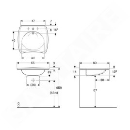 Geberit Vitalis - Lavabo adapté aux PMR, 650x600x150 mm, avec trop-plein, trou pour robinetterie, blanc 121766000