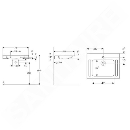 Geberit Publica - Lavabo adapté aux PMR, 700x550x115 mm, sans trop-plein, sans trou pour le robinet, blanc alpin 501.043.11.1