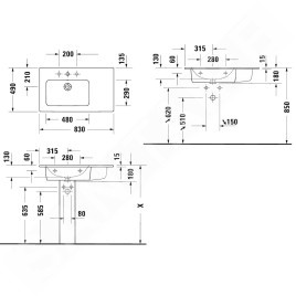 Duravit ME by Starck - Lavabo asymétrique 830x490 mm, 1 trou pour robinetterie à gauche, blanc mat 2345833200