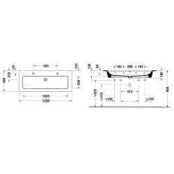 Duravit ME by Starck - Double-lavabo 1230 x 490 mm, avec 2 trous pour robinetterie, blanc mat 2361123224