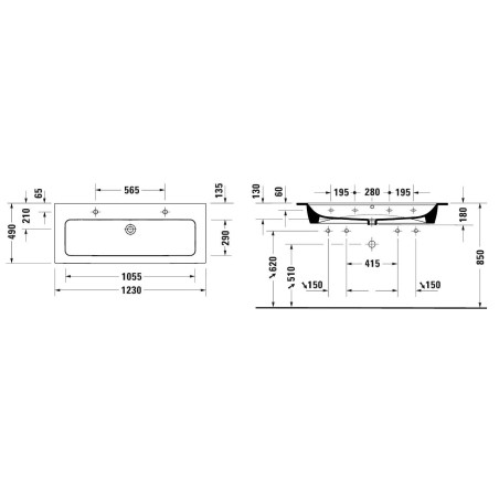 Duravit ME by Starck - Double-lavabo 1230 x 490 mm, avec 2 trous pour robinetterie, blanc mat 2361123224
