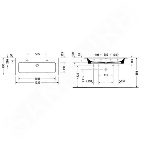 Duravit ME by Starck - Double-lavabo 1230 x 490 mm, avec 2 trous pour robinetterie, s WonderGliss, blanc mat 23611232241