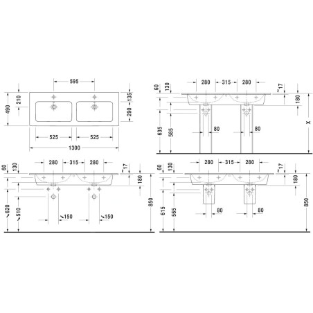 Duravit ME by Starck - Double-lavabo 1300x490 mm, avec 2 trous pour robinet, avec WonderGliss, blanc alpin 23361332001