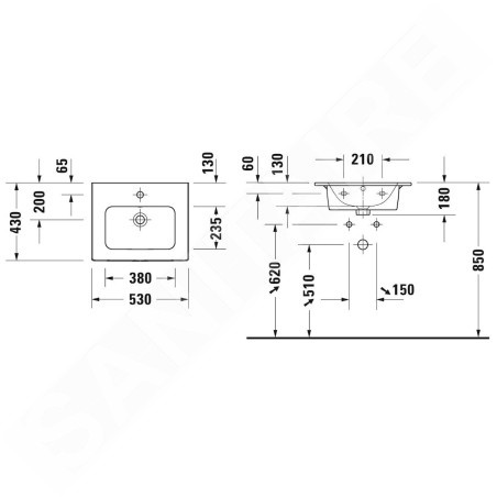 Duravit ME by Starck - Meuble-lavabo 530x430 mm, avec 1 trou pour robinetterie, avec WonderGliss, blanc 23365300001