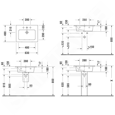 Duravit ME by Starck - Meuble-lavabo 630x490 mm, avec 1 trou pour robinetterie, avec WonderGliss, blanc mat 23366332001