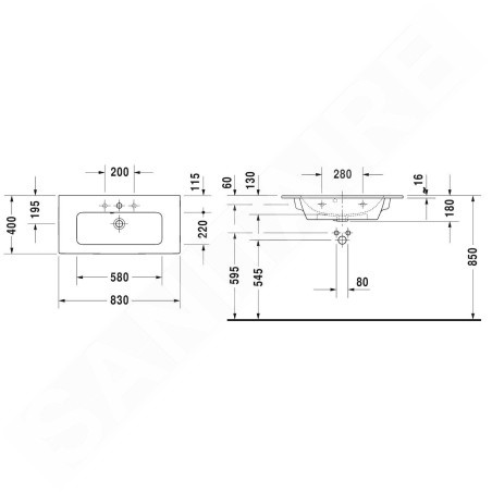 Duravit ME by Starck - Meuble-lavabo Compact, 830x400 mm, avec 1 trou pour robinetterie, blanc mat 2342833200