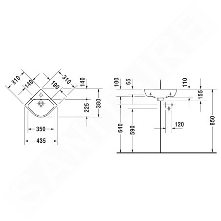 Duravit ME by Starck - Lave-mains d'angle 430x380 mm, avec 1 trou pour robinetterie, blanc mat 0722433200