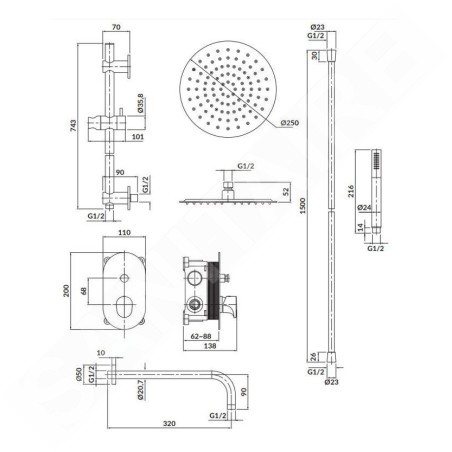 Cersanit Inverto - Set de douche avec mitigeur encastré, avec corps d’encastrement, diamètre 25 cm, noir S952-006