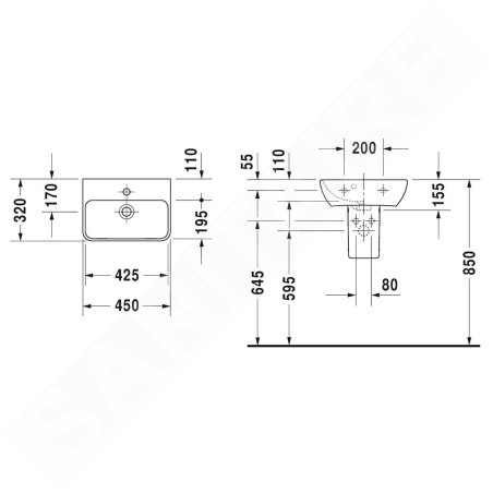 Duravit ME by Starck - Lave-mains 450x320 mm, 1 trou pour robinetterie, blanc mat 0719453200