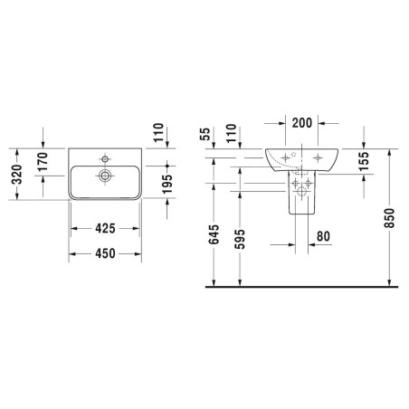 Duravit ME by Starck - Lave-mains 450x320 mm, 1 trou pour robinetterie, avec WonderGliss, blanc mat 07194532001