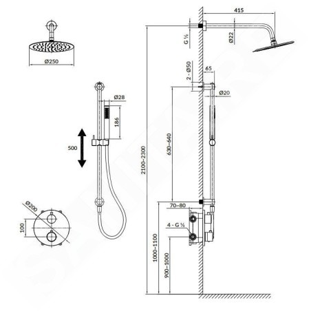 Cersanit Zen - Set de douche avec thermostat encastré, avec corps d’encastrement, diamètre 25 cm, noir S952-033