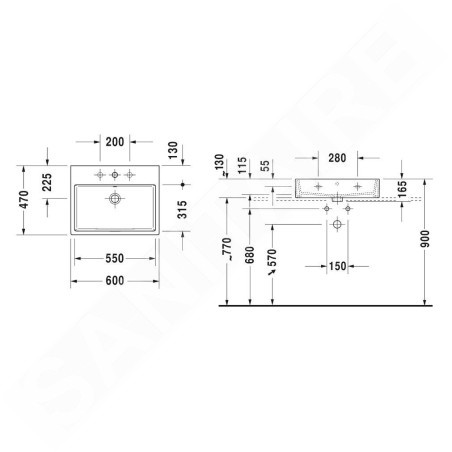 Duravit Vero Air - Meuble lavabo 600x470 mm, sans trop-plein, avec 1 trou pour robinetterie, WonderGliss, blanc 23506000711