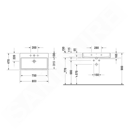 Duravit Vero Air - Meuble lavabo 800x470 mm, sans trop-plein, avec 1 trou pour robinetterie, WonderGliss, blanc 23508000711