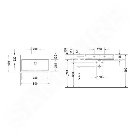 Duravit Vero Air - Meuble lavabo 800x470 mm, sans trop-plein, sans trou de robinetterie, blanc 2350800079