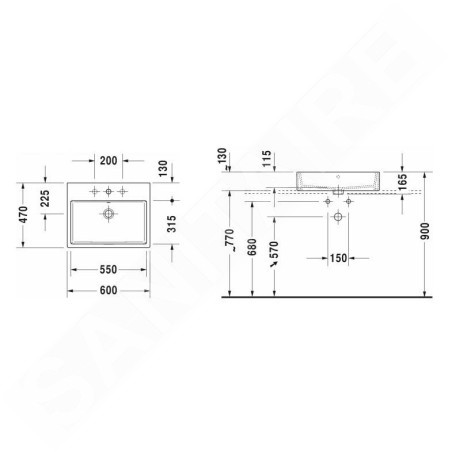 Duravit Vero Air - Vasque 600x470 mm, avec trop-plein, avec 1 trou pour robinetterie, WonderGliss, blanc 23526000001