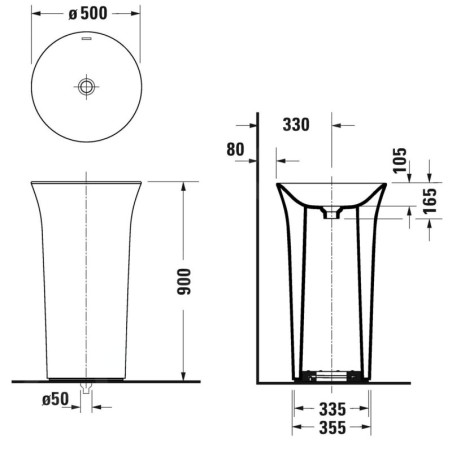 Duravit White Tulip - Lavabo autoportant 500x500x900 mm, sans trou pour robinetterie, blanc 2703500070