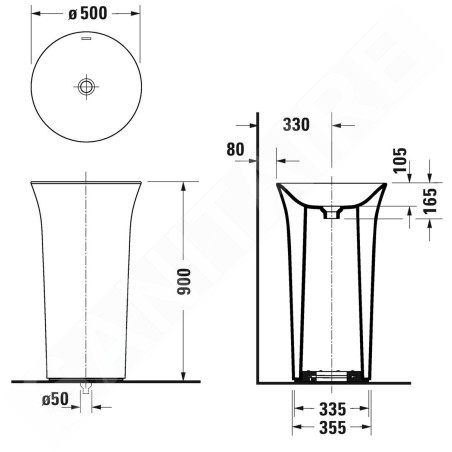 Duravit White Tulip - Lavabo autoportant 500x500x900 mm, sans trou pour robinetterie, avec WonderGliss, blanc 27035000701