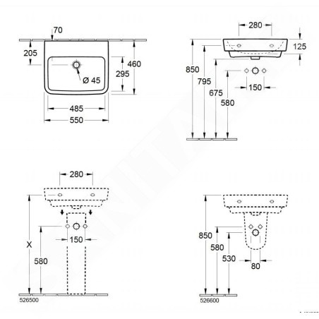 Villeroy & Boch O.novo - Lavabo 550x460 mm, avec trop-plein, sans trou pour robinet, AntiBac, CeramicPlus, blanc alpin 4A4157T2