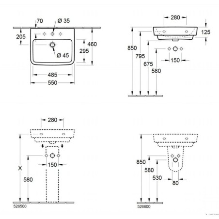 Villeroy & Boch O.novo - Lavabo 550x460 mm, avec trop-plein, trou pour robinet, AntiBac, CeramicPlus, blanc alpin 4A4155T2