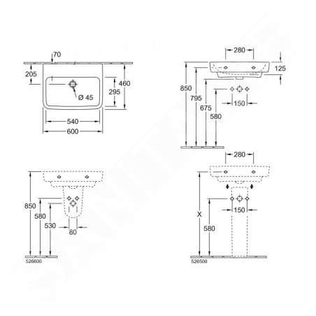 Villeroy & Boch O.novo - Lavabo 600x460 mm, avec trop-plein, sans trou pour robinet, AntiBac, CeramicPlus, blanc alpin 4A4162T2