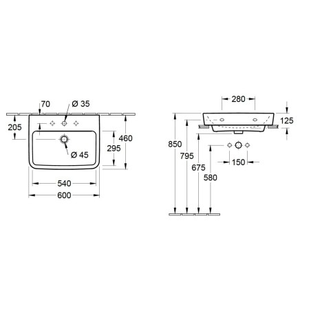 Villeroy & Boch O.novo - Vasque, 600x460 mm, avec trop-plein, trou pour robinet, AntiBac, CeramicPlus, blanc alpin 4A416GT2