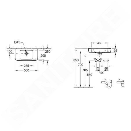 Villeroy & Boch O.novo - Lave-mains Compact 500x250 mm, sans trop-plein, sans trou pour robinet, AntiBac, CeramicPlus, blanc