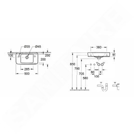 Villeroy & Boch O.novo - Lave-mains Compact 500x250 mm, avec trop-plein, trou pour robinet à gauche AntiBac, CeramicPlus, blanc