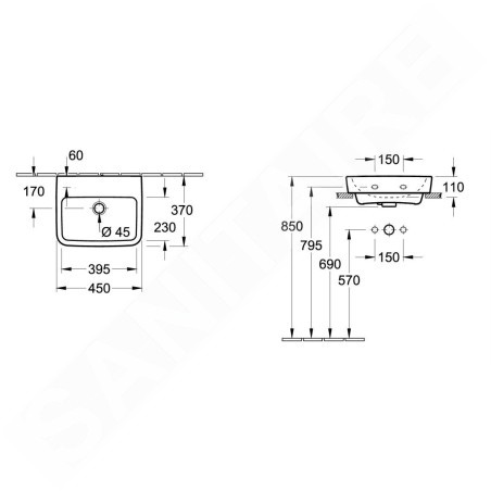 Villeroy & Boch O.novo - Lave-mains à poser, 450x370 mm, avec trop-plein, sans trou pour robinet, blanc alpin 43444J01